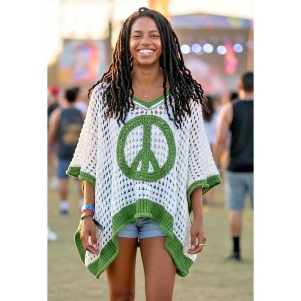 POL New womens open knit crocheted peace sign oversized sweater Small festival